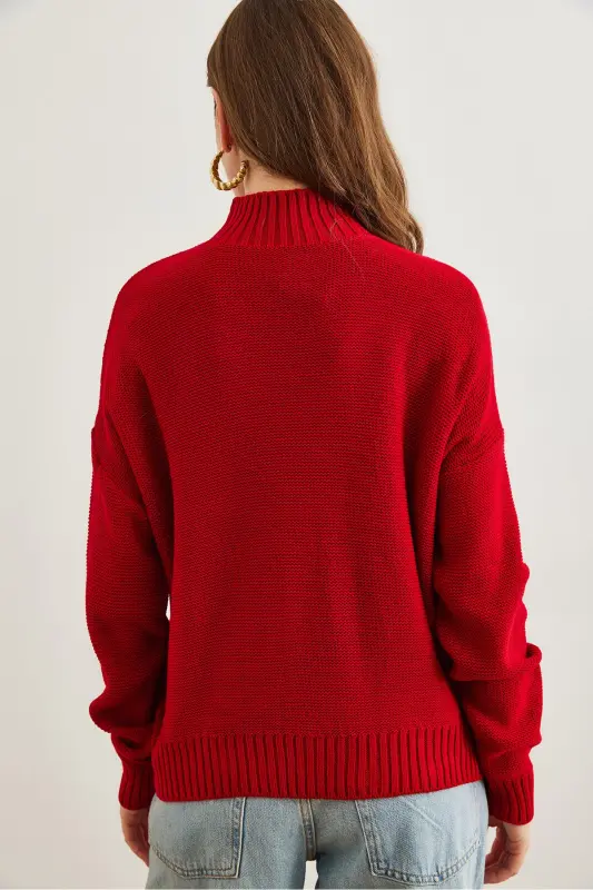 Women Red Turtleneck Mid Braid Knit Sweater KZK-19000912-Red - 6