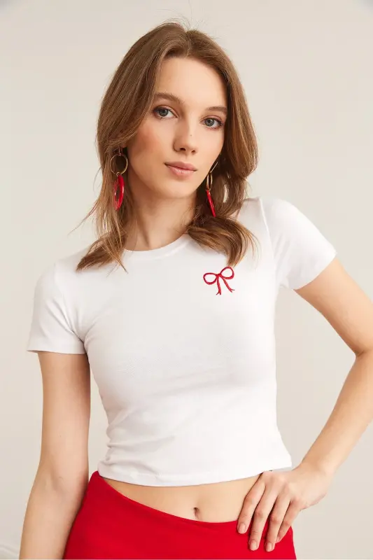 Women Ribbon White Embroidered Lycra Crop T-Shirt TS - 4