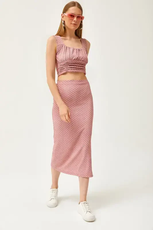 Women Rose Dot Top Blouse Bottom Skirt Knitted - OLALOOK