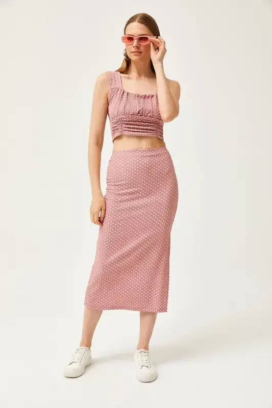 Women Rose Dot Top Blouse Bottom Skirt Knitted - 2