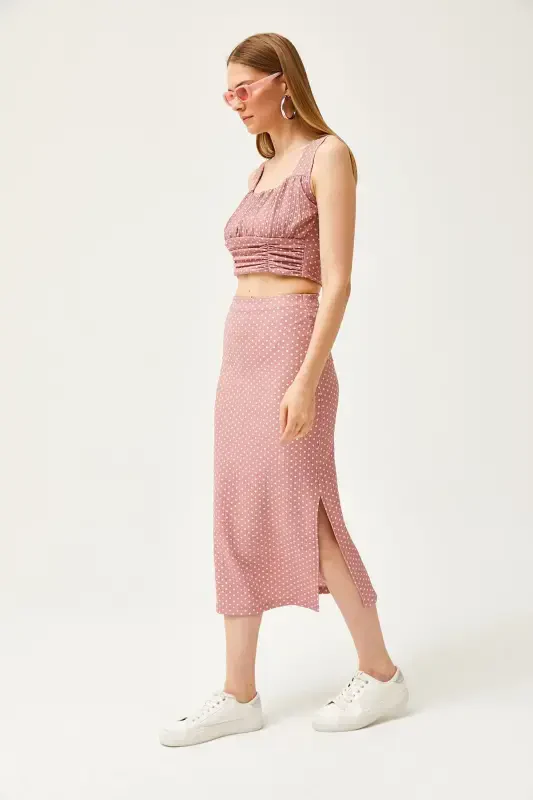 Women Rose Dot Top Blouse Bottom Skirt Knitted - 3