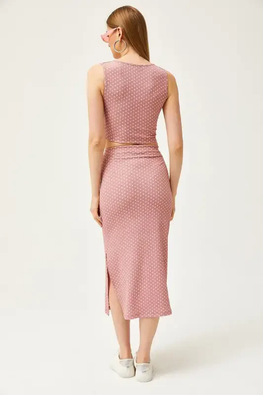 Women Rose Dot Top Blouse Bottom Skirt Knitted - 6