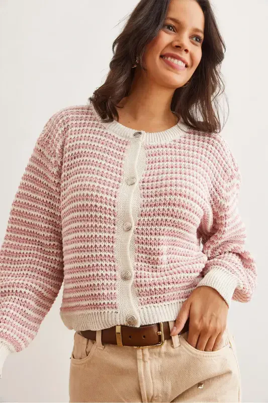 Women Rose Gold Buttoned Striped Crop Knit Cardigan HRK-19000303-Rose Gold - Modazone