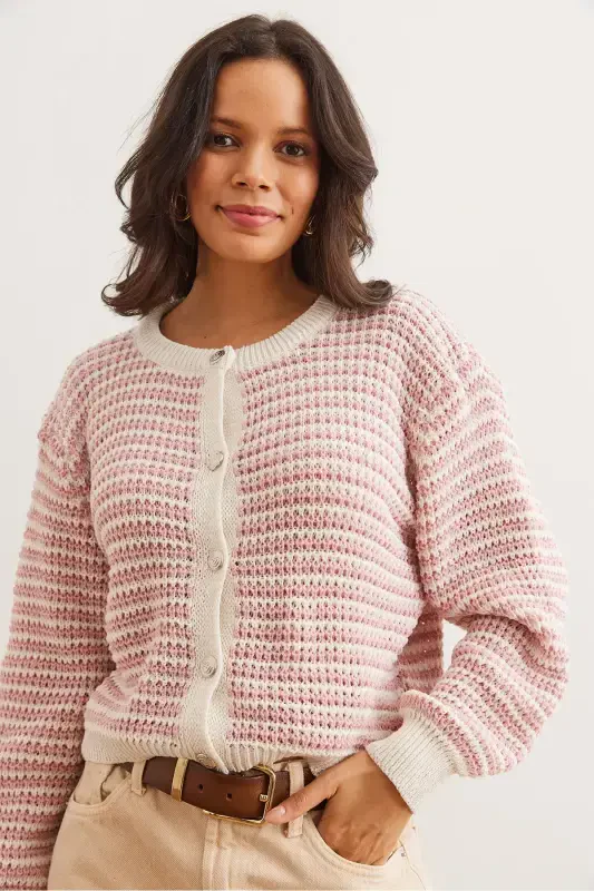 Women Rose Gold Buttoned Striped Crop Knit Cardigan HRK-19000303-Rose Gold - 2