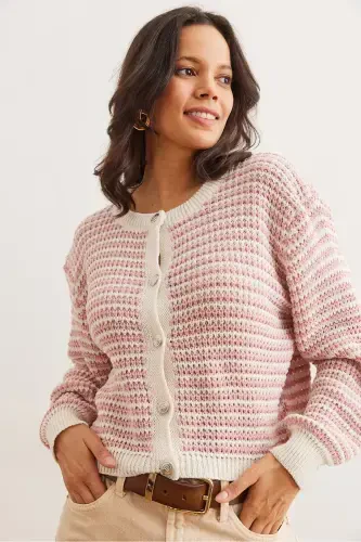 Women Rose Gold Buttoned Striped Crop Knit Cardigan HRK-19000303-Rose Gold - 3