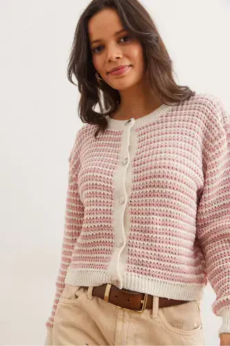 Women Rose Gold Buttoned Striped Crop Knit Cardigan HRK-19000303-Rose Gold - 4