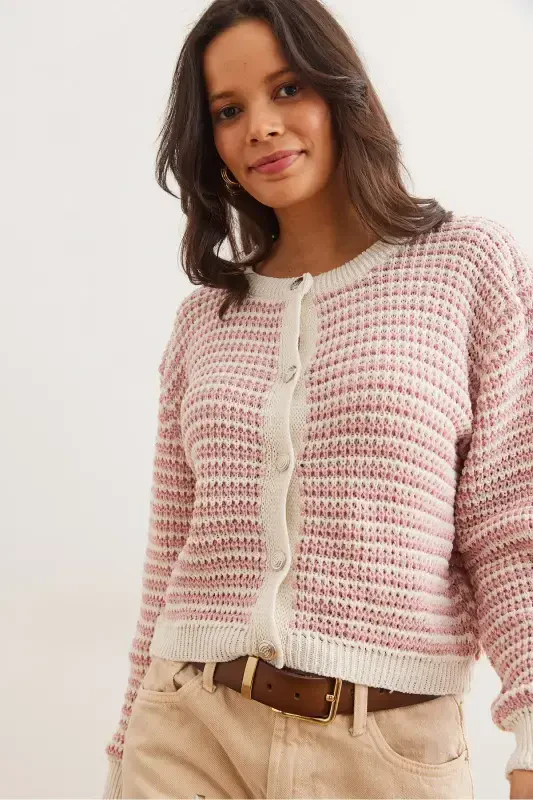 Women Rose Gold Buttoned Striped Crop Knit Cardigan HRK-19000303-Rose Gold - 4