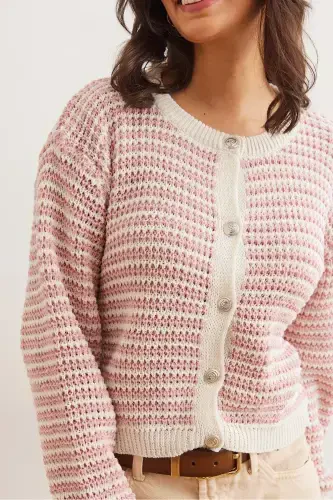 Women Rose Gold Buttoned Striped Crop Knit Cardigan HRK-19000303-Rose Gold - 5