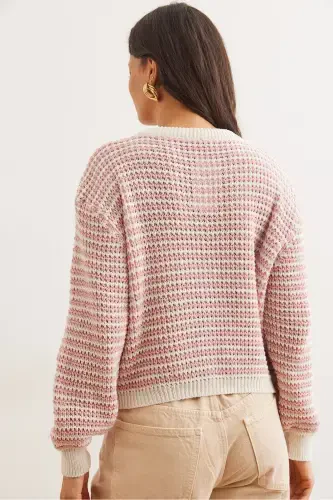 Women Rose Gold Buttoned Striped Crop Knit Cardigan HRK-19000303-Rose Gold - 6