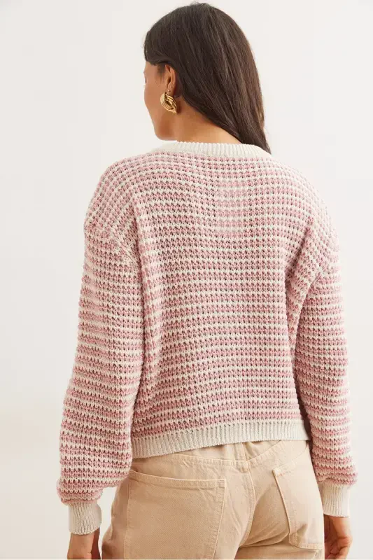 Women Rose Gold Buttoned Striped Crop Knit Cardigan HRK-19000303-Rose Gold - 6