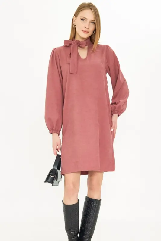 Women Rose Gold Collar Tie Sleeve Elastic Velvet Dress ARM-25K001087-Rose Gold - ARMONIKA