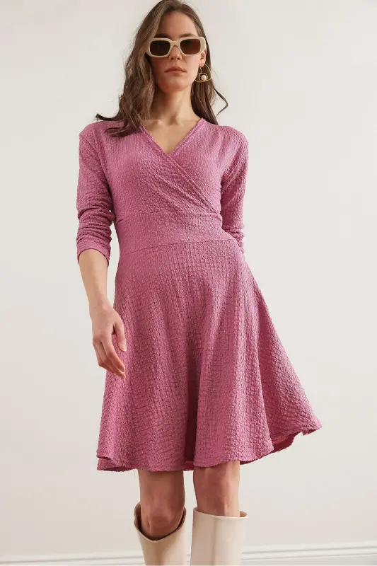 Women Rose Gold Crossover Collar Textured Gauze Dress - OLALOOK