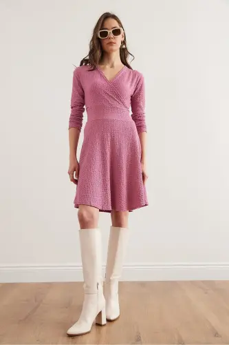 Women Rose Gold Crossover Collar Textured Gauze Dress - OLALOOK (1)