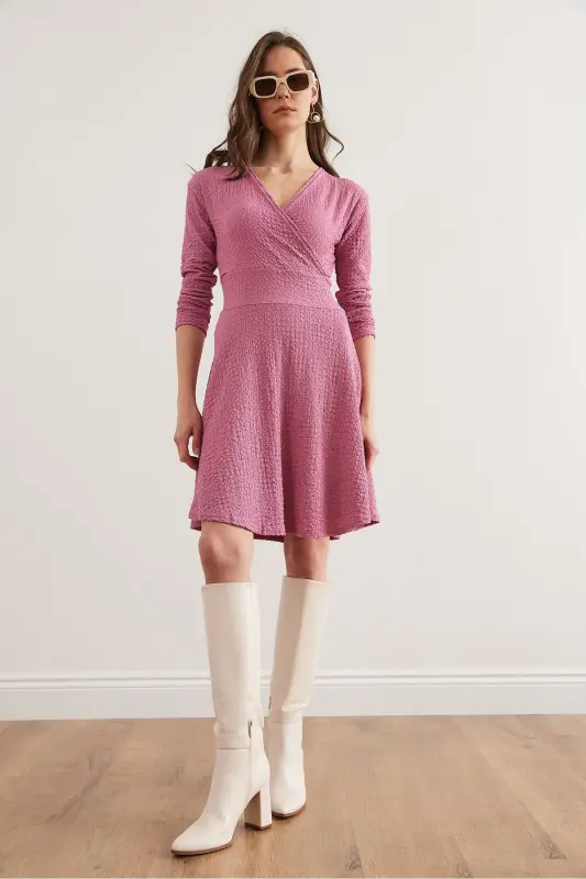 Women Rose Gold Crossover Collar Textured Gauze Dress - 2