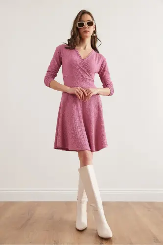 Women Rose Gold Crossover Collar Textured Gauze Dress - 3