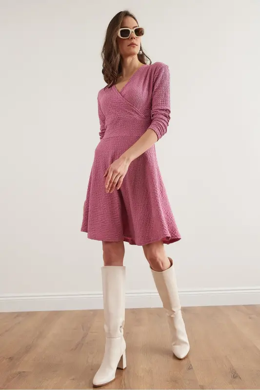 Women Rose Gold Crossover Collar Textured Gauze Dress - 4