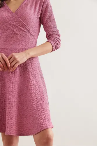 Women Rose Gold Crossover Collar Textured Gauze Dress - 5