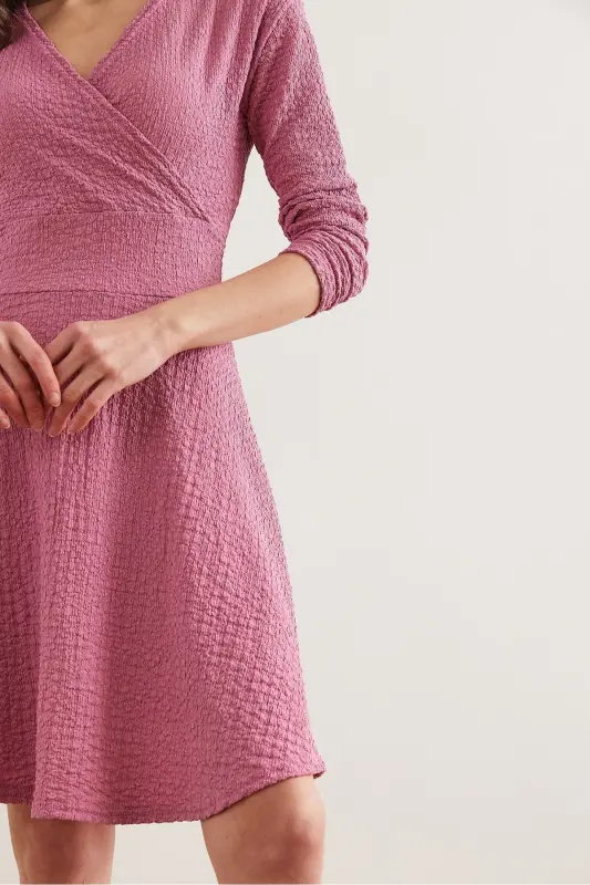 Women Rose Gold Crossover Collar Textured Gauze Dress - 5