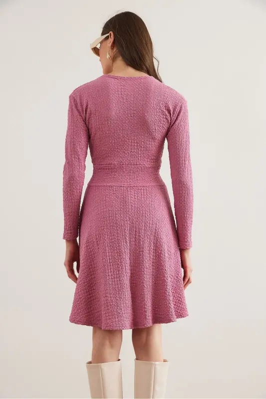 Women Rose Gold Crossover Collar Textured Gauze Dress - 6