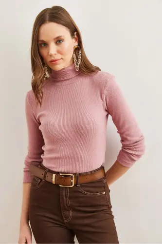 Women Rose Gold Fisherman's Collar Brushed Ribbed Knitwear Sweater KZK-19000395-Rose Gold - 6