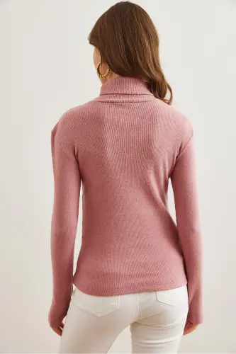 Women Rose Gold Fisherman's Collar Finger Detailed Lycra Blouse BLZ-19001644-Rose Gold - 2