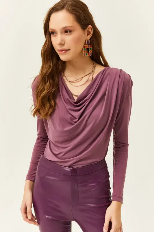 Women Rose Gold Padded Pleated Cowl Neck Blouse BLZ-19002419-Rose Gold - OLALOOK