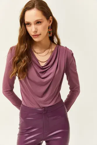 Women Rose Gold Padded Pleated Cowl Neck Blouse BLZ-19002419-Rose Gold - OLALOOK (1)