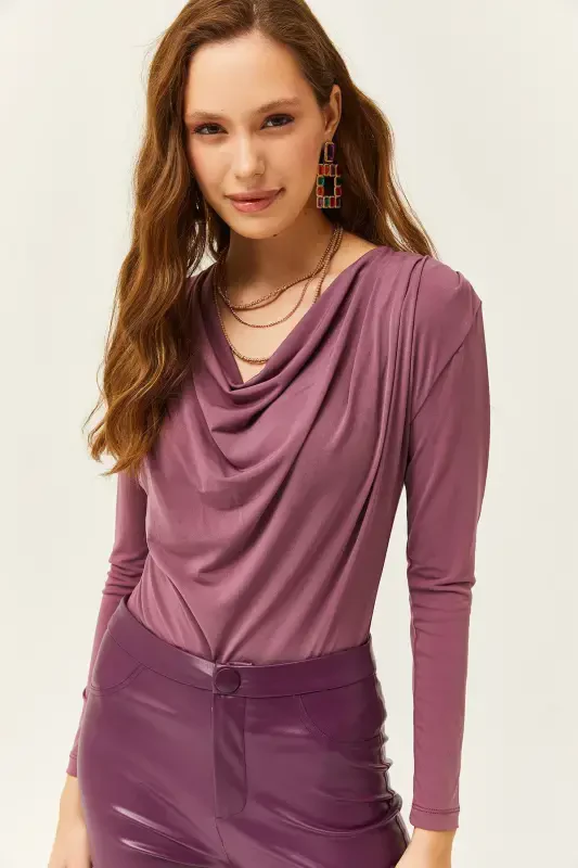 Women Rose Gold Padded Pleated Cowl Neck Blouse BLZ-19002419-Rose Gold - 3