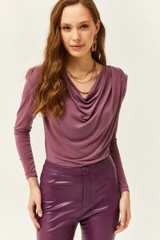 Women Rose Gold Padded Pleated Cowl Neck Blouse BLZ-19002419-Rose Gold - 4