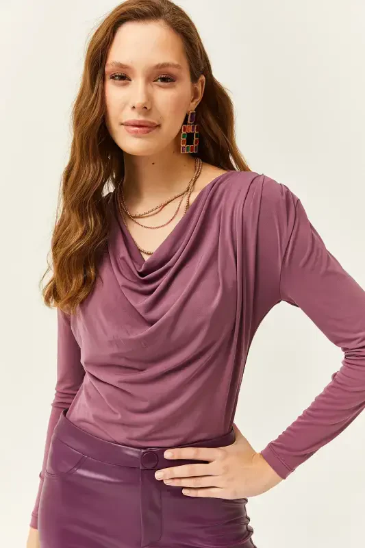 Women Rose Gold Padded Pleated Cowl Neck Blouse BLZ-19002419-Rose Gold - 5