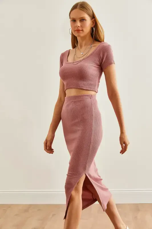 Women Rose Gold Pool Collar Crop Blouse Slit Pencil Skirt Suit TKM-19000300-Rose Gold - 1