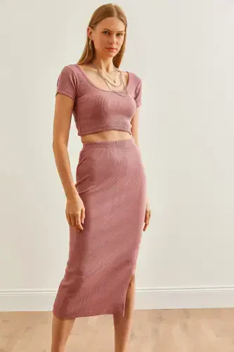 Women Rose Gold Pool Collar Crop Blouse Slit Pencil Skirt Suit TKM-19000300-Rose Gold - 3