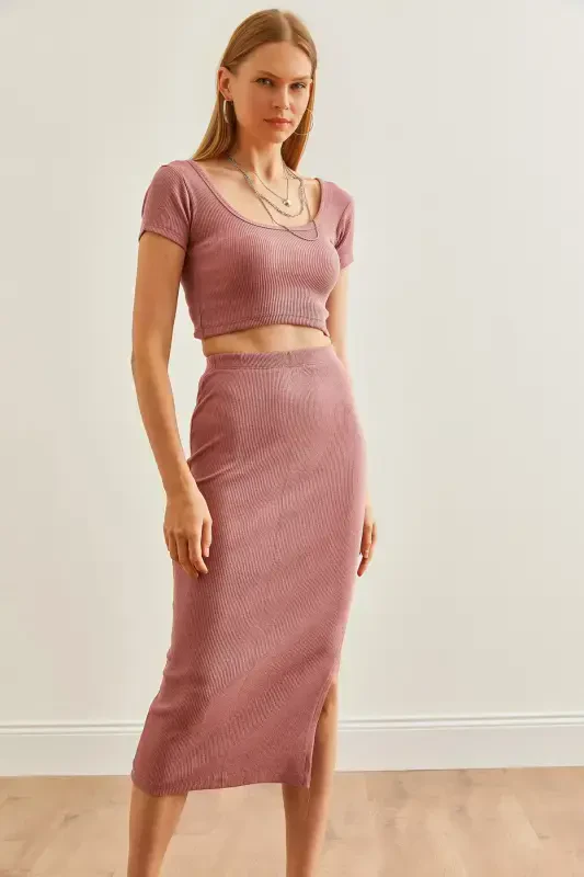 Women Rose Gold Pool Collar Crop Blouse Slit Pencil Skirt Suit TKM-19000300-Rose Gold - 3