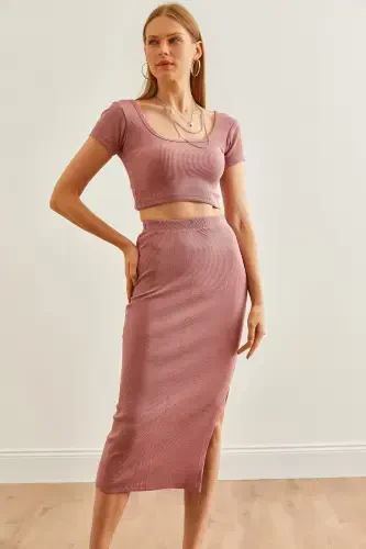 Women Rose Gold Pool Collar Crop Blouse Slit Pencil Skirt Suit TKM-19000300-Rose Gold - 4