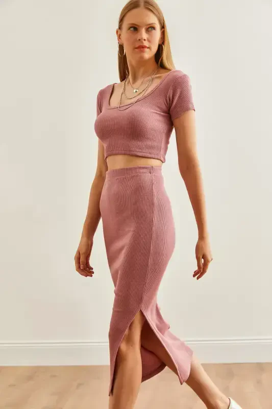 Women Rose Gold Pool Collar Crop Blouse Slit Pencil Skirt Suit TKM-19000300-Rose Gold - 5