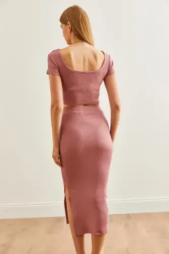 Women Rose Gold Pool Collar Crop Blouse Slit Pencil Skirt Suit TKM-19000300-Rose Gold - 6