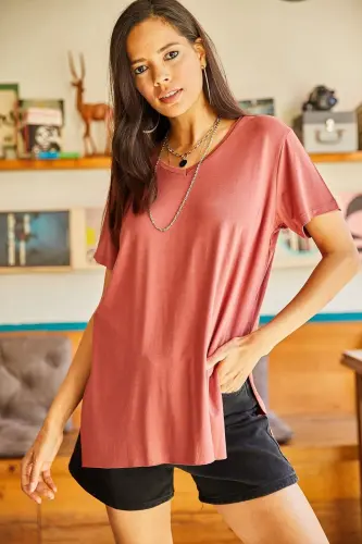 Women Rose Gold V Neck Slit Side Draped Shawl - 3