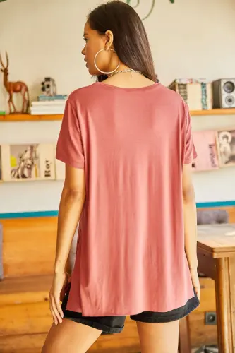 Women Rose Gold V Neck Slit Side Draped Shawl - 4