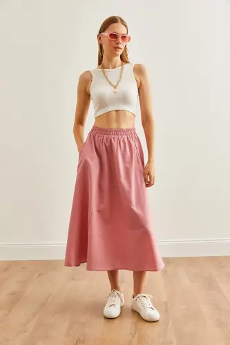 Women Rose Hip Pocket Elastic Waist Midi Woven Dress - OLALOOK (1)