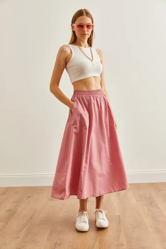 Women Rose Hip Pocket Elastic Waist Midi Woven Dress - 3