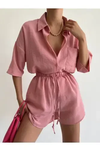 Women Rose Powder Linen Fabric Oversize Shirt Shorts Set-ROSE POWDER - 1