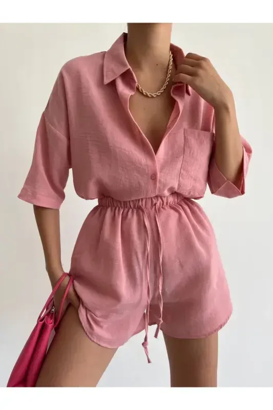 Women Rose Powder Linen Fabric Oversize Shirt Shorts Set-ROSE POWDER - 1