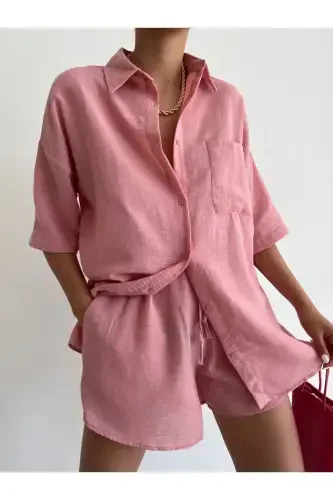 Women Rose Powder Linen Fabric Oversize Shirt Shorts Set-ROSE POWDER - Modazone (1)
