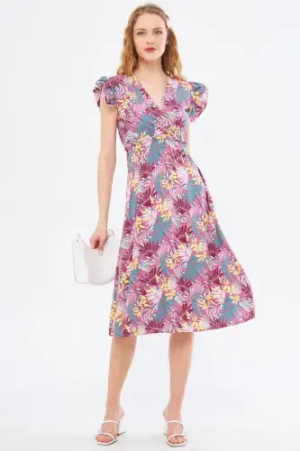 Women Rose Powder Midi Dress Crossover Neck Ruffled Shoulder Detail Elastic Waist ARM-24Y001020-Rose Powder - 1