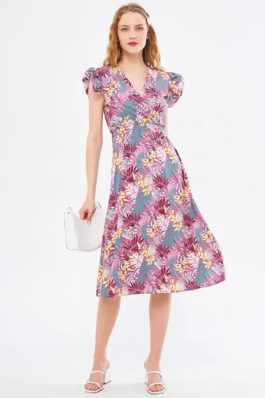 Women Rose Powder Midi Dress Crossover Neck Ruffled Shoulder Detail Elastic Waist ARM-24Y001020-Rose Powder - 1