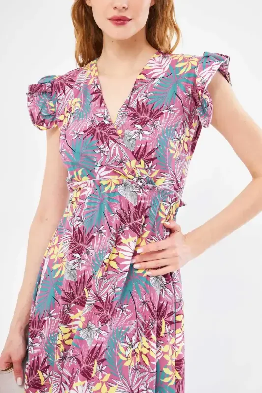 Women Rose Powder Midi Dress Crossover Neck Ruffled Shoulder Detail Elastic Waist ARM-24Y001020-Rose Powder - 2