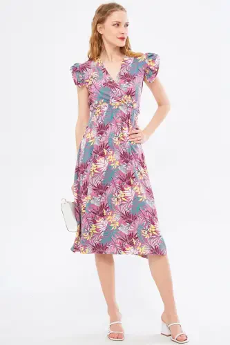 Women Rose Powder Midi Dress Crossover Neck Ruffled Shoulder Detail Elastic Waist ARM-24Y001020-Rose Powder - 3