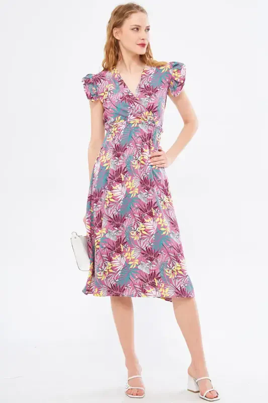 Women Rose Powder Midi Dress Crossover Neck Ruffled Shoulder Detail Elastic Waist ARM-24Y001020-Rose Powder - 3