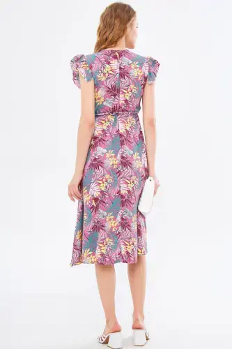 Women Rose Powder Midi Dress Crossover Neck Ruffled Shoulder Detail Elastic Waist ARM-24Y001020-Rose Powder - 5