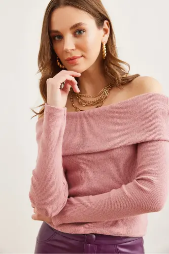 Women Rose Quartz Madonna Collar Brushed Cashmere Blouse BLZ-19000615-Rose Quartz - 4